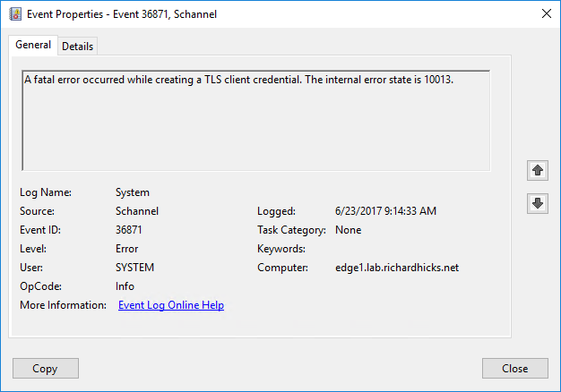 DirectAccess Reporting Fails and Schannel Event ID 36871 after 