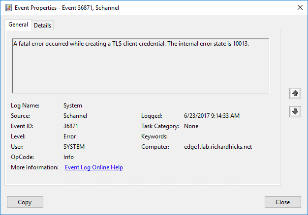DirectAccess Reporting Fails and Schannel Event ID 36871 after